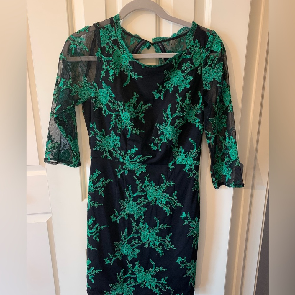Adrianna Papell black lace dress with green design and open back, size 8
